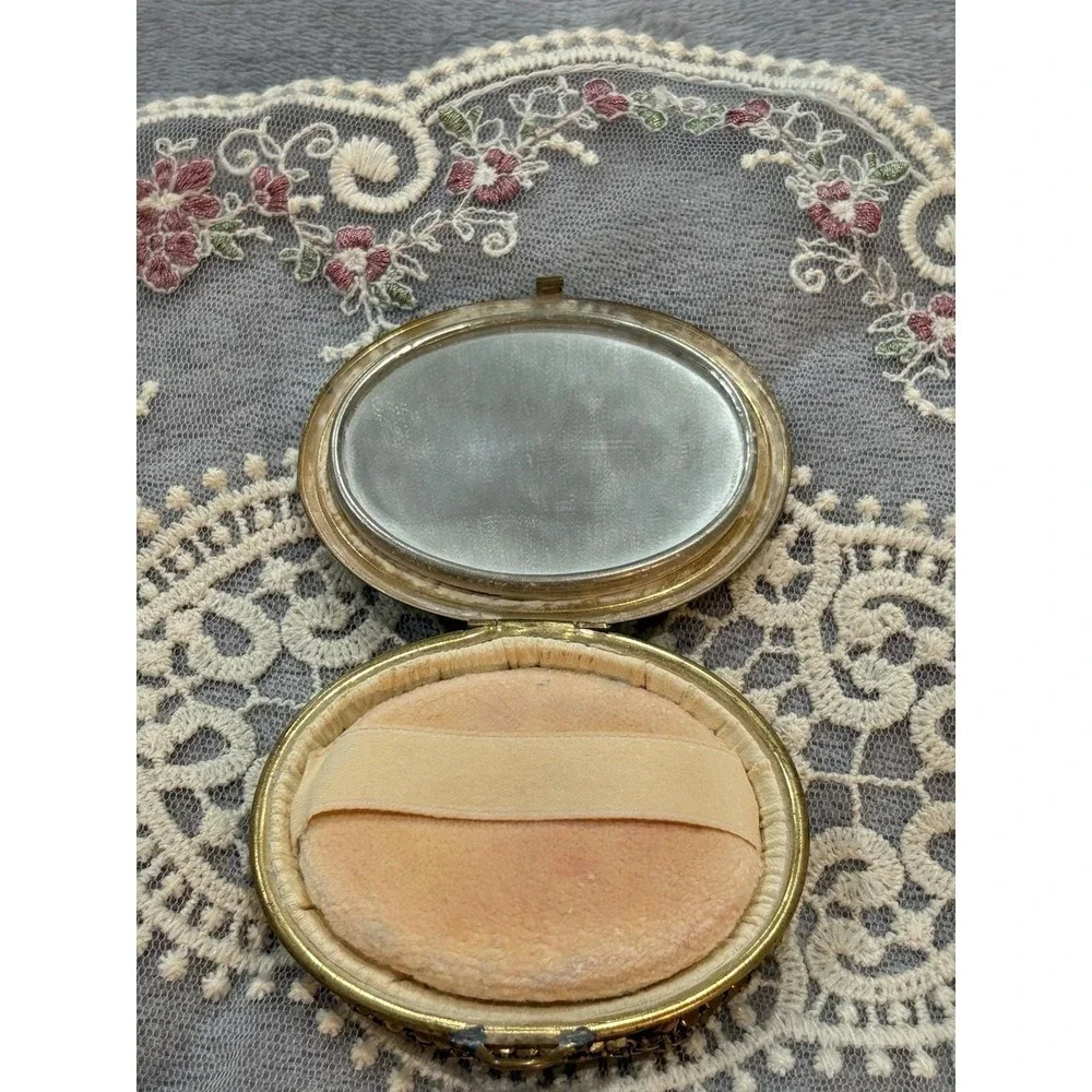 Vintage Guilloche Enamel Powder Compact Blue Pink Rose Gold Tone Vanity Mirror